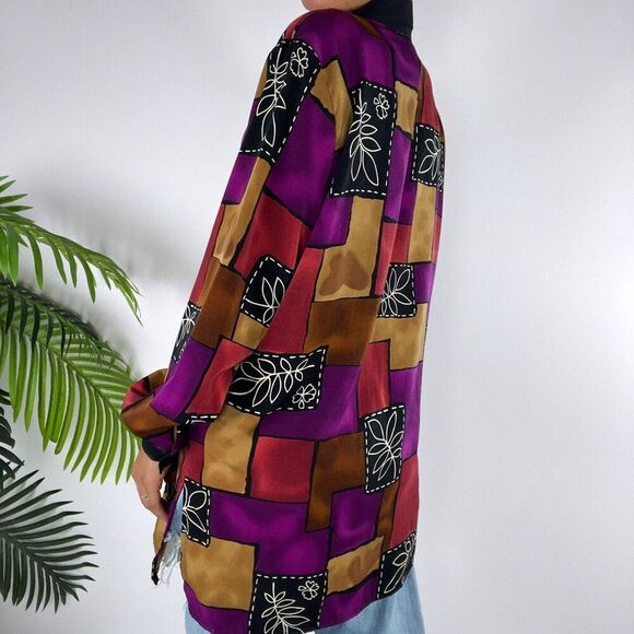 Vintage 90s Purple Abstract Patchwork Boho Oversized Long Sleeve Button Up / 10 - Picture 2 of 6